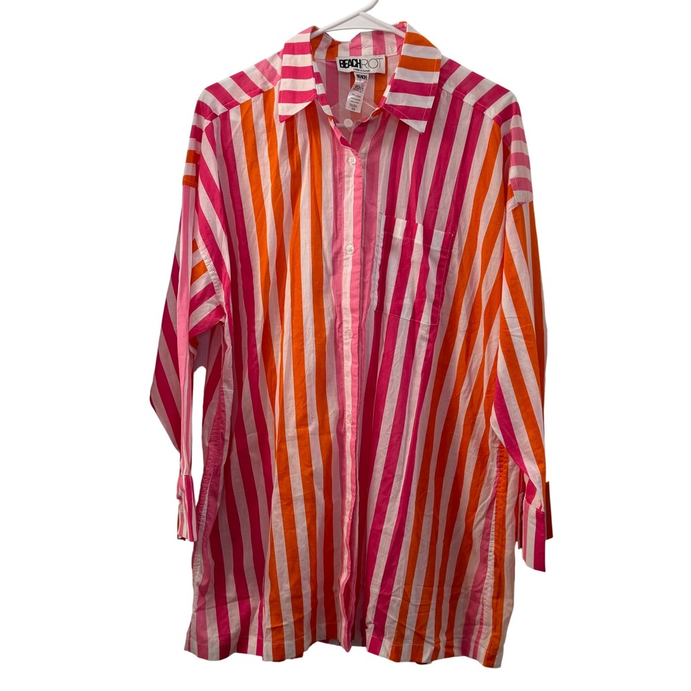 Beach‎ Riot Pink Orange Stripe Button Down Shirt Tunic Oversized S/M Resortwear